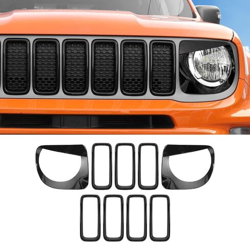 حشوات الشواية الأمامية، حشوات الشبكة وحواف المصابيح الأمامية، غطاء الكسوة لسيارة Jeep Renegade 2019+ (أسود) in Saudi Arabia