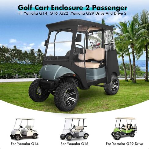 حاوية قيادة عربة الجولف 2 تناسب الركاب Yamaha G14 G16 G22 G29 Drive and Drive 2، غطاء المطر لعربة الجولف مع زجاج أمامي شفاف قابل للطي، فتحات مرآة جانبية، حاوية قماش أكسفورد مقاومة للماء in Kuwait