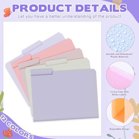Estune Colored Manila File Folders Letter Size Poly Plastic Paste File Folder with Sticky Labels 9.5 x 11.5 Inch 1/3 Tab Multi Colored File Folders Waterproof for Office School(Sweet Color, 12 Pcs) in Saudi Arabia