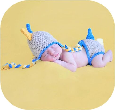 Vemonllas الوليد التصوير الدعائم ديناصور الزي صور الدعامة دينو خوذة قبعة غطاء حفاضات الطفل التقاط الصور الكروشيه زي in Kuwait