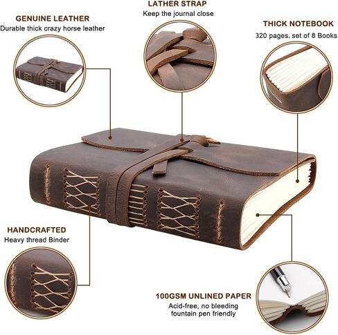 Robrasim دفتر ملاحظات للسفر من الجلد، دفاتر كتابة مصنوعة يدويًا من الجلد للرجال والنساء، مجلة سفر غير مبطنة للكتابة في 320 صفحة متوسطة الحجم 7 × 5 بوصة دفتر رسم فني، مذكرات سفر in Kuwait