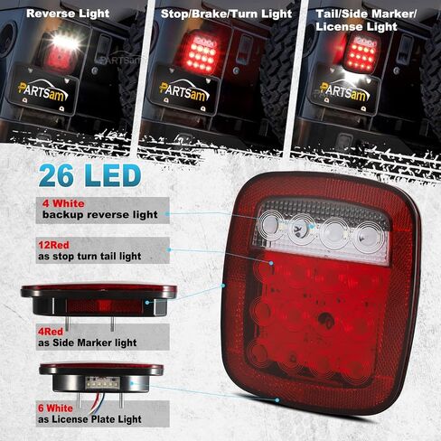 Partsam 2x مصابيح LED خلفية عالمية 26LED توقف الفرامل الحمراء بدوره مصابيح الذيل العكسي مع مصابيح ترخيص جانبية متوافقة مع Wrangler YJ TJ CJ Pick-up Truck Trailer Boat RV Flatbed 12V in Saudi Arabia