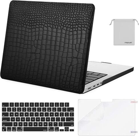 MOSISO Compatible with MacBook Pro 14 inch Case 2023 2022 2021 Release M3 A2918 A2992 M2 A2779 M1 A2442, Crocodile Grain PU Leather Hard Shell Case&Keyboard Cover&Screen Protector&Storage Bag, Black in Saudi Arabia
