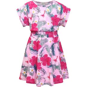 Perfashion Girls Summer Dresses Printed Casual Loose Sundress Smocked Waist Roll-Sleeve in Kuwait