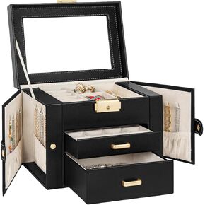 TORIBIO Jewelry Box Faux Leather Jewelry Organizer with Mirror, Jewelry Storage Case for Girls/Women/Mother, Necklace Earring Bracelets Holder Organizer, Beige Yellow