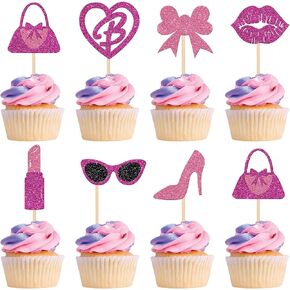 24 PCS Princess Cupcake Toppers Glitter Pink Girl Cupcake Picks Handbag Glasses Bow Lipstick Tie High Heel Cake Decorations for Wedding Bridal Shower Baby Shower Birthday Party Supplies Rose Red