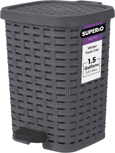 Superio Mini Trash Can with Foot Pedal Small Outdoor Garbage Can with Lid, 3 Gallon Plastic Waste Basket for Bathroom, Bedroom, Kitchen, Office, Patio (Wicker White Smoke 12 QT.) (Smoke) in Saudi Arabia