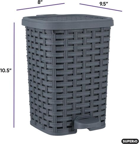 Superio Mini Trash Can with Foot Pedal Small Outdoor Garbage Can with Lid, 3 Gallon Plastic Waste Basket for Bathroom, Bedroom, Kitchen, Office, Patio (Wicker White Smoke 12 QT.) (Smoke) in Saudi Arabia