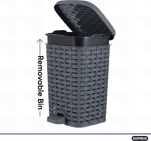 Superio Mini Trash Can with Foot Pedal Small Outdoor Garbage Can with Lid, 3 Gallon Plastic Waste Basket for Bathroom, Bedroom, Kitchen, Office, Patio (Wicker White Smoke 12 QT.) (Smoke) in Saudi Arabia