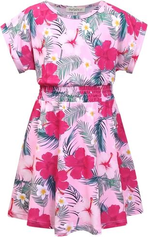 Perfashion Girls Summer Dresses Printed Casual Loose Sundress Smocked Waist Roll-Sleeve in Kuwait