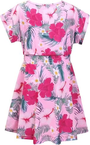 Perfashion Girls Summer Dresses Printed Casual Loose Sundress Smocked Waist Roll-Sleeve in Kuwait