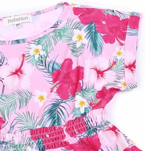 Perfashion Girls Summer Dresses Printed Casual Loose Sundress Smocked Waist Roll-Sleeve in Kuwait