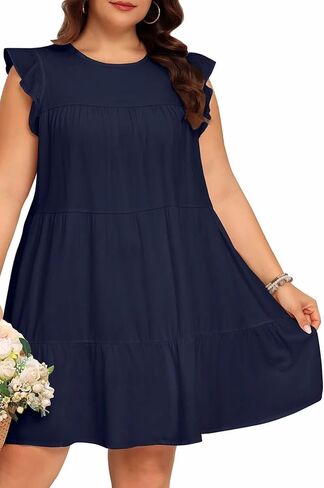 Holipick Women's Plus Size Summer Dresses Casual Short Dress Babydoll Ruffle Sleeve Swing Flowy Sleeveless Tunic Dress in Saudi Arabia