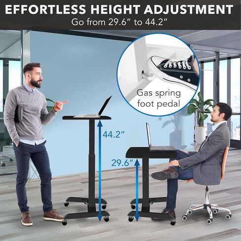 Mount-It! Adjustable Rolling Laptop Desk with Wheels [23.6" x 20.5"] Sit Stand Mobile Workstation Cart with Pneumatic Spring Lift for Height Adjustment, Rolling Computer Table, Foot Pedal (White) in Kuwait