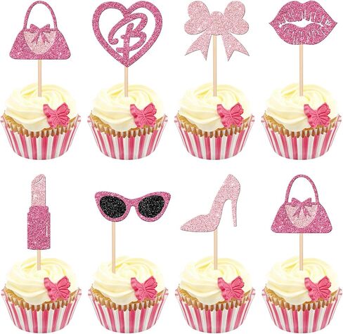 24 PCS Princess Cupcake Toppers Glitter Pink Girl Cupcake Picks Handbag Glasses Bow Lipstick Tie High Heel Cake Decorations for Wedding Bridal Shower Baby Shower Birthday Party Supplies Rose Red in Saudi Arabia