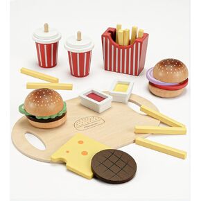Wooden Play Food Toy for Kids Pretend Play Kitchen Accessories for Toddlers Wooden Play Fast Food Hamburger Set Educational Toys Gift for Boys Girls