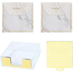 Multibey Walnut Wood Memo Holder Set with Metal Stencil, 2 Pads Sticky Notes 3"x3", Wooden Sticky Note Pad Holder Set Desk Supplies Organizer for Office Home Schools