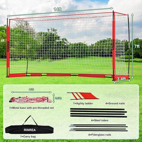 Portable Soccer Goal 12x6Ft, Collapsible Soccer Goal Net Metal Base, Quick Setup Soccer Training Equipment with 1 Carry Bag, 1 Agility Ladder, 4 Ground Nails in Saudi Arabia