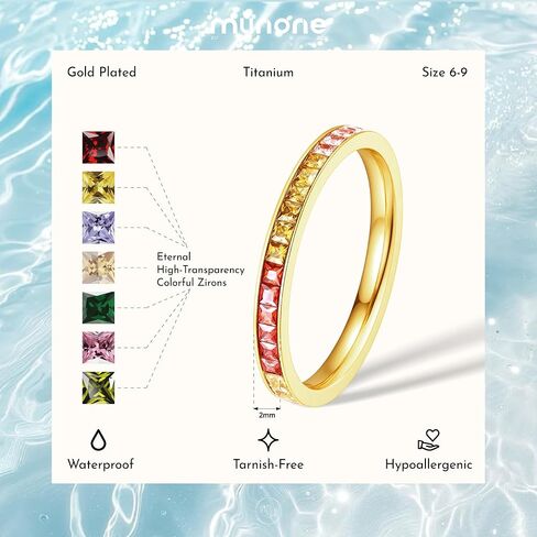 Eternity Rainbow Full Round Wedding Band for Women, 14K Gold Plated Titanium Non Tarnish Bands with Colorful Cubic Zirconia, Multi-Gemstone Rings, Stackable Fashion Ring in Kuwait