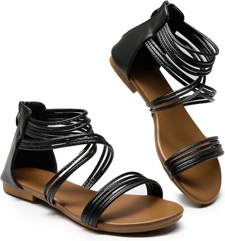 صنادل نسائية بأشرطة مطاطية وحزام للكاحل شبشب صيفي للشاطئ باللون الأسود in Kuwait