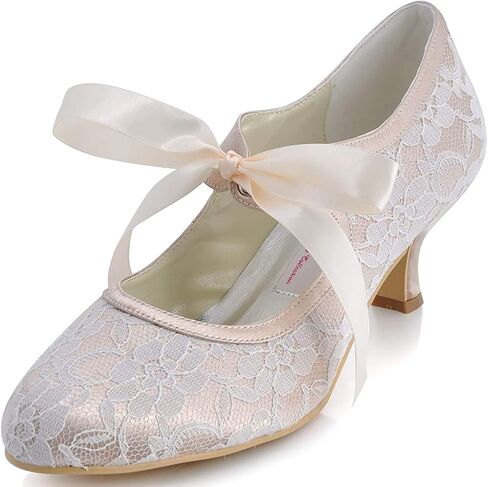 ELEGANTPARK Wedding Shoes for Bride, Closed Toe Lace Mary Jane Heels | Adjustable Ribbon Tie, 2 Inch Low Heel Pumps for Wedding Guest, Bridesmaid, Bridal Reception, Evening and Formal Event in Kuwait