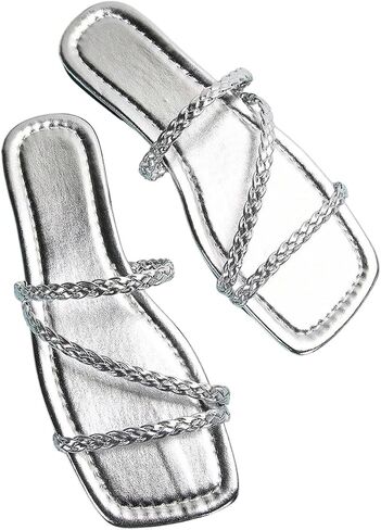 GORGLITTER Women's Metallic Strappy Flats Sandal Dressy Cute Square Toe Slip on Slides Summer Sandals in Saudi Arabia