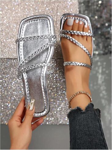 GORGLITTER Women's Metallic Strappy Flats Sandal Dressy Cute Square Toe Slip on Slides Summer Sandals in Saudi Arabia