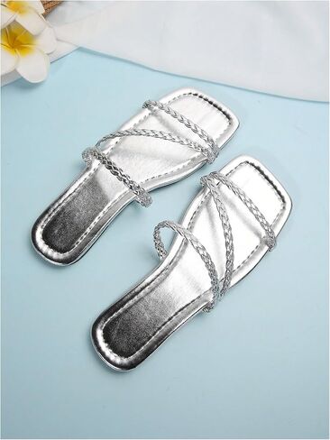 GORGLITTER Women's Metallic Strappy Flats Sandal Dressy Cute Square Toe Slip on Slides Summer Sandals in Saudi Arabia