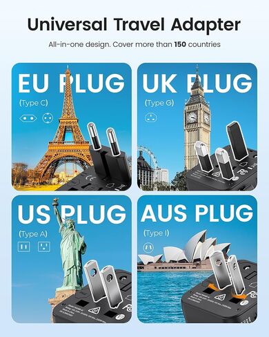 LENCENT Universal Travel Adapter, 100W GaN3 International Adaptor with 2 QC4.0 USB-A+2 PD3.0 Type-C PPS Fast Charging, Worldwide Wall Charger for iPhone,Samsung,Laptop, Plug Adapter USA/UK/EU/AU Black in Kuwait