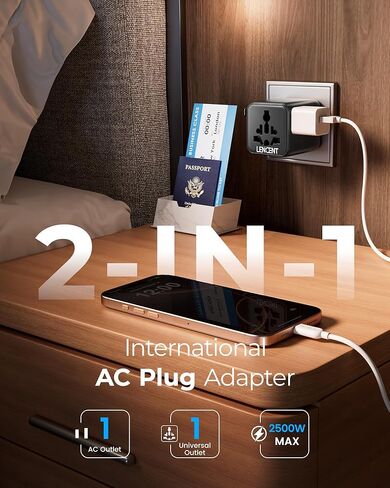 LENCENT Universal Travel Adapter, 100W GaN3 International Adaptor with 2 QC4.0 USB-A+2 PD3.0 Type-C PPS Fast Charging, Worldwide Wall Charger for iPhone,Samsung,Laptop, Plug Adapter USA/UK/EU/AU Black in Kuwait
