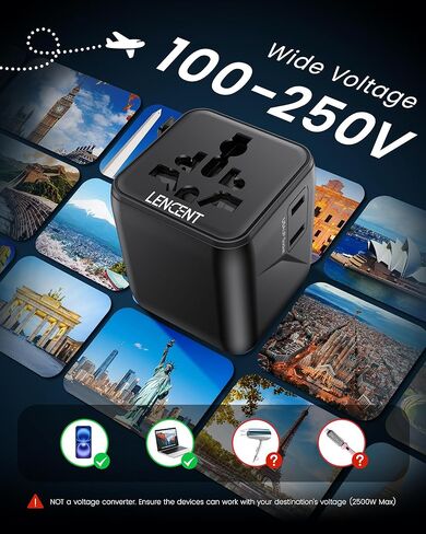 LENCENT Universal Travel Adapter, 100W GaN3 International Adaptor with 2 QC4.0 USB-A+2 PD3.0 Type-C PPS Fast Charging, Worldwide Wall Charger for iPhone,Samsung,Laptop, Plug Adapter USA/UK/EU/AU Black in Kuwait