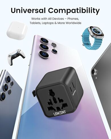 LENCENT Universal Travel Adapter, 100W GaN3 International Adaptor with 2 QC4.0 USB-A+2 PD3.0 Type-C PPS Fast Charging, Worldwide Wall Charger for iPhone,Samsung,Laptop, Plug Adapter USA/UK/EU/AU Black in Kuwait
