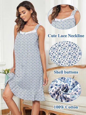 JRYNOEU 100% Cotton Nightgowns for Women Sleeveless Ladies Loungewear Sleepwear Lightweight Nightdress Comfy Soft Nightgown in Kuwait