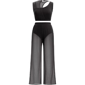 Lyrical Dance Dress for Women 2PCS Chiffon Cross Back Crop Top Ballet Leotard Shorts Mesh Sheer Pants Dance Outfits