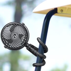Rechargeable Golf Cart Fan Compatible with EZGO Club Car Yamaha Clip on Fan with Flexible Tripod, 360° Rotatable, 20Hrs Work, 3 Speed Battery Operated Fan for Golf Cart Push Cart