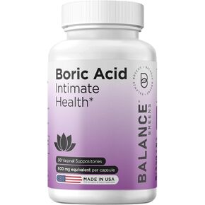Boric Acid Suppositories for Women 600 mg - 30 Vaginal Use Capsules - ph Balance Pills, Odor Control, Intimate Health Support, Effective Yeast Infection Treatment - Made in USA