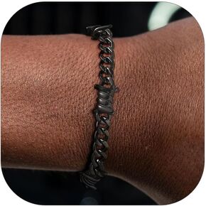 ChainsHouse Gothic Punk Barbed Wire Thorns Bracelet Mens Stainless Steel Brambles/Cuban Link Chain Bracelet, Hip Hop Rock Cool Jewelry, 6/8/13mm Wide, 7"-8.3" Length, Send Gift Box