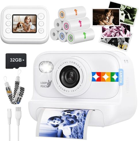 Instant Print Camera for Kids, Birthday Gifts for Girls and Boys Ages 3-12 - 1080P Video Camera for Kids, Gift Ideas for Boys Ages 3 4 5 6 7 8 9 10 11 12 - Girls' Gifts for Christmas/Holidays - White in Kuwait