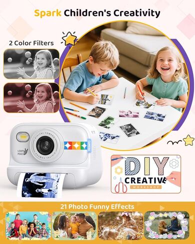 Instant Print Camera for Kids, Birthday Gifts for Girls and Boys Ages 3-12 - 1080P Video Camera for Kids, Gift Ideas for Boys Ages 3 4 5 6 7 8 9 10 11 12 - Girls' Gifts for Christmas/Holidays - White in Kuwait