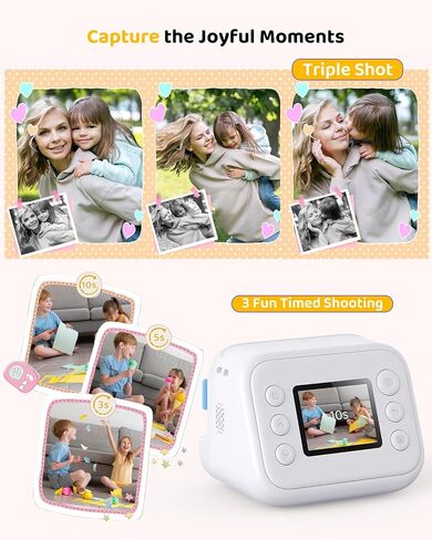 Instant Print Camera for Kids, Birthday Gifts for Girls and Boys Ages 3-12 - 1080P Video Camera for Kids, Gift Ideas for Boys Ages 3 4 5 6 7 8 9 10 11 12 - Girls' Gifts for Christmas/Holidays - White in Kuwait