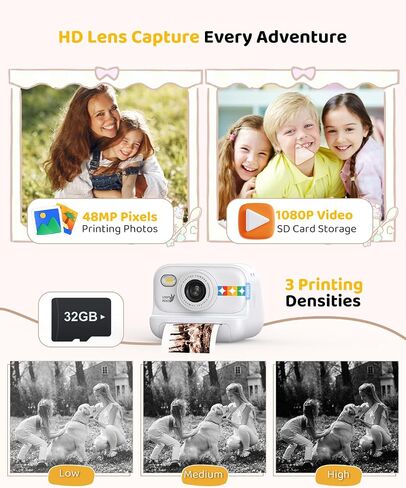 Instant Print Camera for Kids, Birthday Gifts for Girls and Boys Ages 3-12 - 1080P Video Camera for Kids, Gift Ideas for Boys Ages 3 4 5 6 7 8 9 10 11 12 - Girls' Gifts for Christmas/Holidays - White in Kuwait