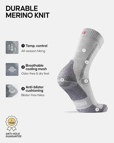 DANISH ENDURANCE Merino Wool Hiking Crew Socks for Men & Women, Cushioned Anti-Blister, Breathable - 3 Pairs in Saudi Arabia