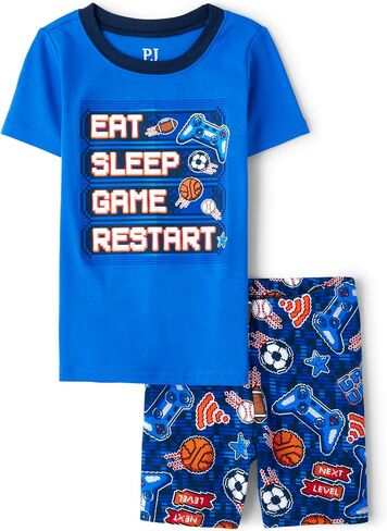 The Children's Place Boys Sleeve Top and Shorts Snug Fit 100% Cotton 2 Piece Pajama Set, Mad Pancake Stacks in Saudi Arabia