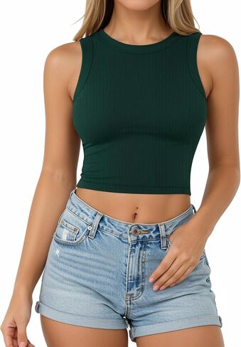 CLOZOZ Womens Tank Tops Round Neck Ribbed Sleeveless Crop Tops for Women High Neck Basic Crop Tank Top in Kuwait