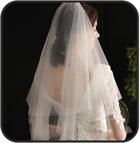 حجاب زفاف من طبقتين حجاب زفاف قصير حجاب لؤلؤي للعرائس حجاب دانتيل مع مشط لإكسسوارات شعر الزفاف in Saudi Arabia