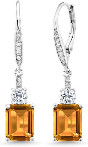 Gem Stone King 925 Sterling Silver Sky Blue Simulated Aquamarine and White Topaz Dangle Earrings For Women (5.26 Cttw, Emerald Cut 9X7MM) in Kuwait