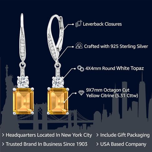 Gem Stone King 925 Sterling Silver Sky Blue Simulated Aquamarine and White Topaz Dangle Earrings For Women (5.26 Cttw, Emerald Cut 9X7MM) in Kuwait