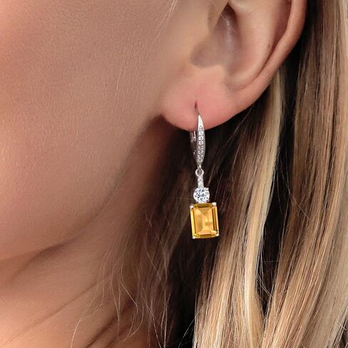 Gem Stone King 925 Sterling Silver Sky Blue Simulated Aquamarine and White Topaz Dangle Earrings For Women (5.26 Cttw, Emerald Cut 9X7MM) in Kuwait