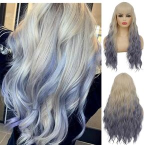 Swiking Purple Long Curly Ombre Wigs for Women Purple Mixed Blue Wavy Synthetic Hair Colorful Cosplay Halloween Costume Wig (Purple Mixed Blue)