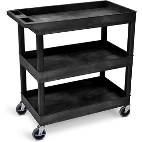 Stand Steady Tubstr 3 Shelf Utility Push Cart Supports Up to 300 lbs - Heavy-Duty Plastic Service Cart Great for Offices, Warehouse Storage, Garage Tools, and Kitchen Cleaning (Black, 32 x 18)